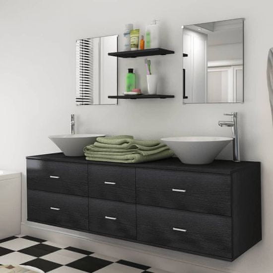 Vidaxl Devítikusový set koupelnového nábytku s umyvadlem a baterií, černý