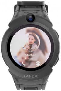 modern okosóra carneo GuardKid + 4G gyerekóra vezérlő karóra gyerekeknek szülői felügyelet hosszú üzemidő óra GPS lokátorral gyerekkövető kétirányú kommunikáció ellenőrzés okosórán keresztül videohívás hálózat GSM sms üzenet hívások okosóra hívástámogatás gyerekóra vezérléssel cserélhető óraszíj Bluetooth WiFi WiFi GPS helymeghatározás beépített kamera rejtett lehallgatás zenelejátszás óra fényképezés ip67 víz- és izzadságvédelem vízálló gyerekóra óra vezérléshez kísérő alkalmazás vezérlés mobilalkalmazáson keresztül hangüzenet iskolai üzemmód iskolai okosóra