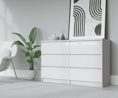 3xEliving Moderní komoda DEMII v jednoduchém stylu do ložnice, obývacího pokoje nebo dětského pokoje s 6 zásuvkami , bílá matná / bílá lesklá 120 cm