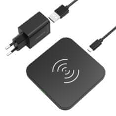 shumee Qi 10W bezdrátová nabíječka pro sluchátka, telefon a nástěnnou nabíječku QC3.0 + USB - microUSB kabel 1,2 m černý