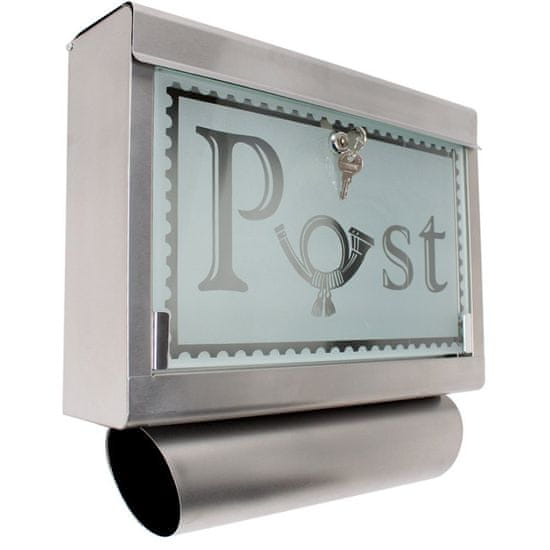 tectake Poštovní schránka nerezová s rourou na noviny a skleněnou zástěnkou