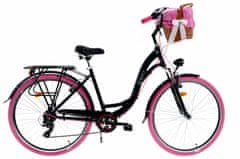 Davi Maria Hliníkové dámské kolo s proutěným košem, 7-rychlostní Shimano, výška 160-185 cm, městské kolo, Černá/Růžový