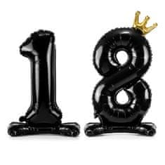 PartyDeco Balónek fóliový číslo 18 s korunkou, samostojný černý 84 cm