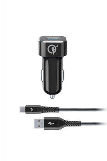 CellularLine Set USB autonabíječky a odolného USB-C kabelu Tetra Force 18W, Qualcomm Quick Charge 3.0, černá