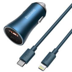 BASEUS Golden Contactor Pro autonabíječka USB-C / USB 40W PD QC + kabel USB-C / Lightning, modrá