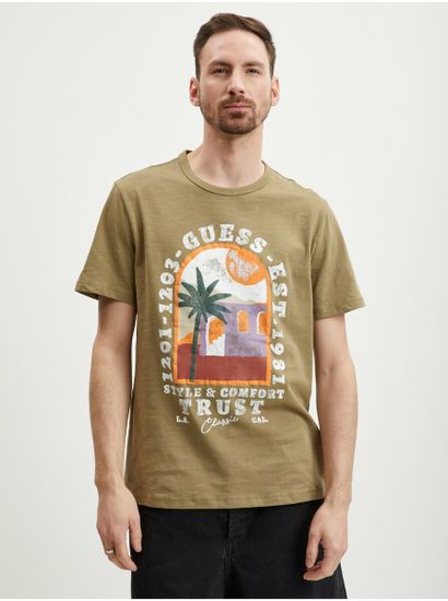 Guess Béžové pánské tričko Guess Palm Window