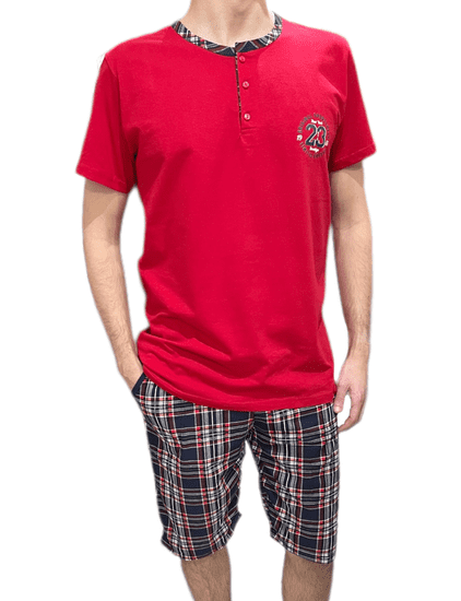 LA PENNA Pánské bavlněné pyžamo 3/4 kostkované červené kalhoty