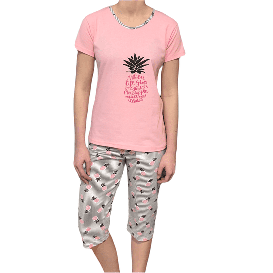 INNA Dámské bavlněné pyžamo růžové s krátkým rukávem ananas
