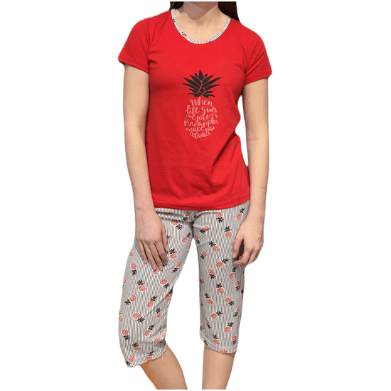 INNA Dámské bavlněné pyžamo červené s krátkým rukávem ananas
