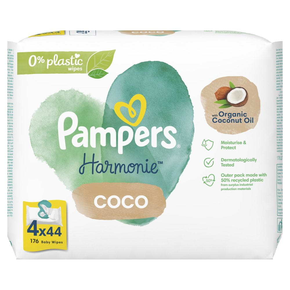 Levně Pampers Harmonie Coconut Plastic Free Vlhčené ubrousky 4 x 44 ks