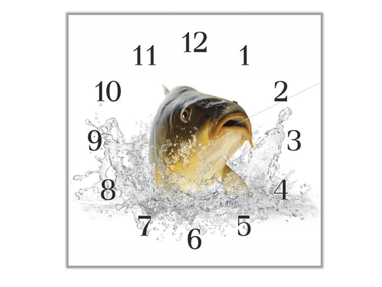 Glasdekor Nástěnné hodiny 30x30cm kapr ryba ve vodě na vlasci
