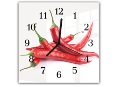Glasdekor Nástěnné hodiny 30x30cm červené chilli papričky na bílém podkladu - Materiál: kalené sklo