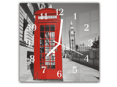 Glasdekor Nástěnné hodiny 30x30cm telefonní budka v Londýně a věž Big Ben - Materiál: plexi
