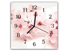 Glasdekor Nástěnné hodiny 30x30cm růžové květy ovocného stromu - Materiál: kalené sklo