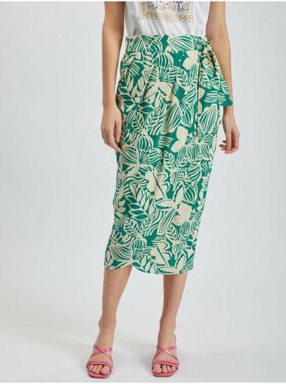 Orsay Krémovo-zelená dámská vzorovaná zavinovací midi sukně s příměsí lnu