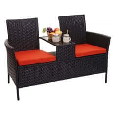 MCW Polyratanová lavice se stolem E24, zahradní lavice, zahradní sedací souprava, 132 cm ~ černá, terakotové polštáře