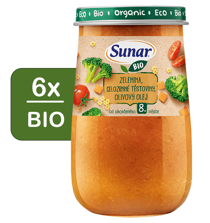 Sunar BIO příkrm zelenina, celozrnné těstoviny, olivový olej 8m+, 6 x 190 g