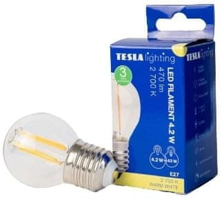 Tesla Lighting LED žárovka FILAMENT RETRO miniglobe, E27, 4,2W, 230V, 470lm, 25 000h, 2700K teplá bílá, 360
