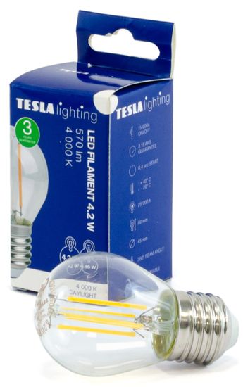 Tesla Lighting LED žárovka FILAMENT RETRO miniglobe, E27, 4.2W, 230V, 570lm, 25 000h, 4000K denní bílá, 360stu