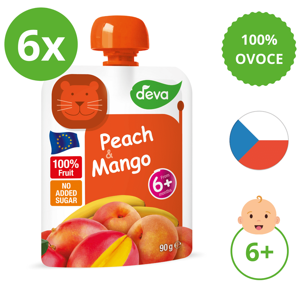 Deva Ovocný příkrm Broskev, Mango 6 x 90 g