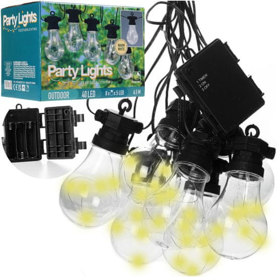 ProGarden Světelný řetěz LED Girlanda Zahradní Svítící Teplé Světlo S Bateriemi 40 Led 8 Žárovek 6,6 M