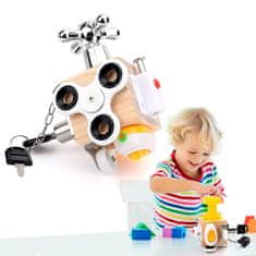 Netscroll Didaktická kostka, didaktická hračka 7 v 1, která podporuje všechny oblasti dětského vývoje, spinner, zámek se 2 klíči, závora, kolečko, spínač, závit a matice, cvičení jemné motoriky, BusyCube