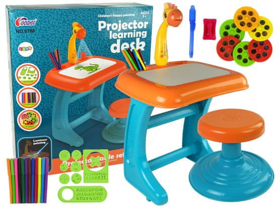 shumee Stůl, rýsovací prkno, židle, projektor, oranžové fixy, obrázky