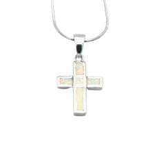 LS Stříbrný rhodiovaný přívěšek křížek s bílorůžovým opálem