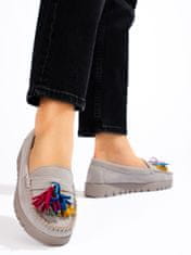 Amiatex Designové mokasíny dámské šedo-stříbrné + Ponožky Gatta Calzino Strech, odstíny šedé a stříbrné, 38