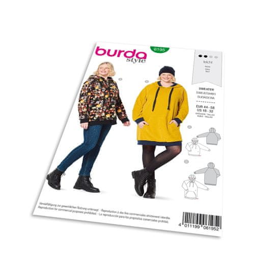 Burda Střih Burda 6195 - Mikina s kapucí, mikinové šaty pro plnoštíhlé