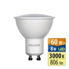 McLED LED žárovka GU10, 8W, 3000K, CRI80, vyz. úhel 100°, ф use 360° 806lm