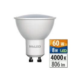 McLED LED žárovka GU10, 8W, 4000K, CRI80, vyz. úhel 100°, ф use 360° 806lm