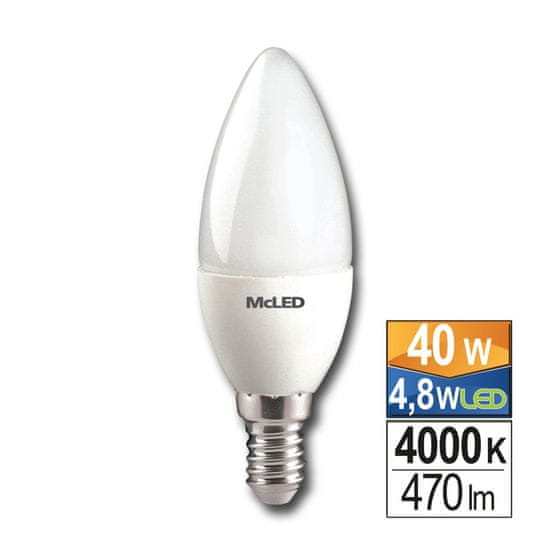 McLED LED žárovka svíčka 4,8W, E14, 4000K, CRI80, vyz. úhel 180°, ɸ use 360° 470lm