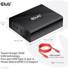 Club 3D síťová nabíječka, GAN technologie, 4xUSB-A a USB-C, PD 3.0 Support, 132W , černá