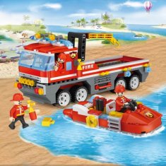 Cogo stavebnice Hasiči - hasičské nákladní auto s člunem kompatibilní 354 dílů