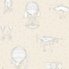 Béžová vliesová dětská tapeta - balony a vzducholodě JR3003, Jack´N Rose 2024, 0,53 x 10,05 m