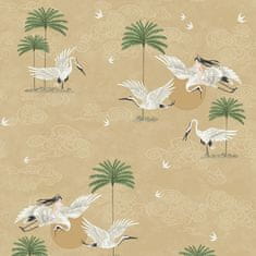 Okrová romantická vliesová tapeta na zeď, ptáci, palmy 6501-4, Batabasta, 0,53 x 10,05 m