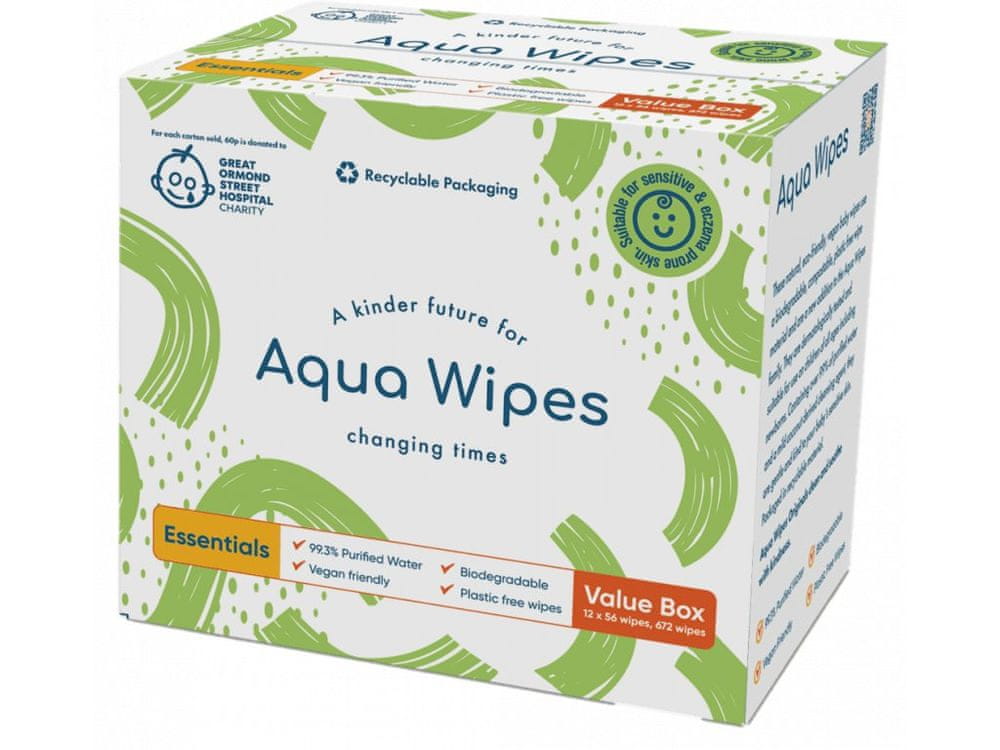 Aqua Wipes 100% rozložitelné ubrousky, 99% vody, 12 x 56 ks