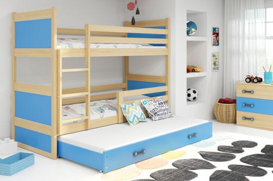 Veneti Dětská patrová postel s přistýlkou bez matrací 80x190 FERGUS - borovice / modrá