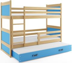 Veneti Dětská patrová postel s přistýlkou bez matrací 80x190 FERGUS - borovice / modrá
