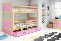 Veneti Dětská patrová postel s úložným prostorem s matracemi 90x200 FERGUS - borovice / růžová