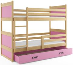 Veneti Dětská patrová postel s úložným prostorem s matracemi 90x200 FERGUS - borovice / růžová