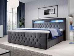 Veneti Boxpringová postel s LED osvětlením a čtyřmi šuplíky 180x200 DELBIN - šedá + topper ZDARMA