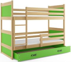 Veneti Dětská patrová postel s úložným prostorem s matracemi 90x200 FERGUS - borovice / zelená