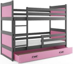 Veneti Dětská patrová postel s úložným prostorem s matracemi 80x160 FERGUS - grafit / růžová