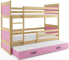 Veneti Dětská patrová postel s přistýlkou a matracemi 80x160 FERGUS - borovice / růžová