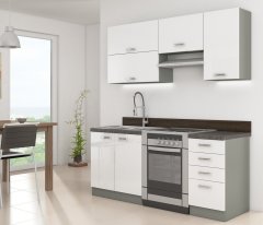 Veneti Paneláková kuchyň 180/180 cm GENJI 2 - lesklá bílá / šedá + LED, pracovní deska a dřez ZDARMA