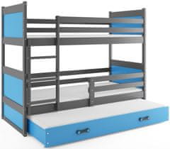 Veneti Dětská patrová postel s přistýlkou bez matrací 80x190 FERGUS - grafit / modrá