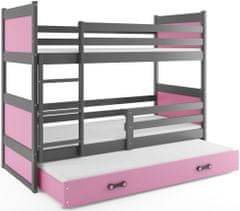 Veneti Dětská patrová postel s přistýlkou bez matrací 80x160 FERGUS - grafit / růžová