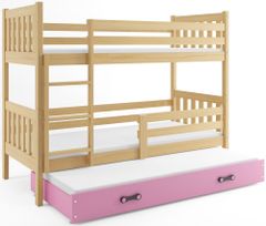Veneti Dětská patrová postel s přistýlkou a matracemi 80x190 CHARIS - borovice / růžová